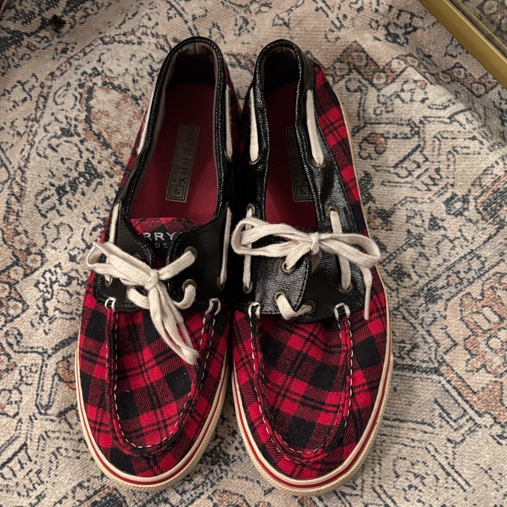 Sperry Red and Black Plaid Flats